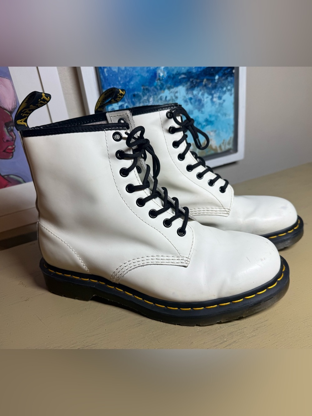 Dr. Martens White Leather 8-Eye Combat Boots with Black Trim (WOMEN 10, MEN 9)